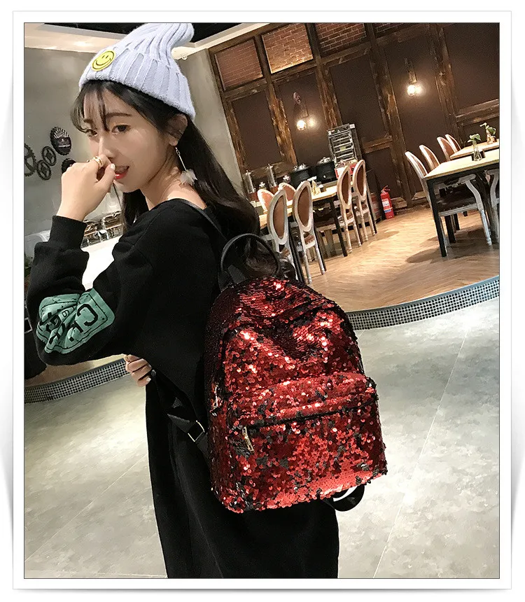 MJ Sequin Backpack Women Fashion Sequined PU Leather Backpack Travel Bag Female Shining Daypack for Teenage Girls (3)