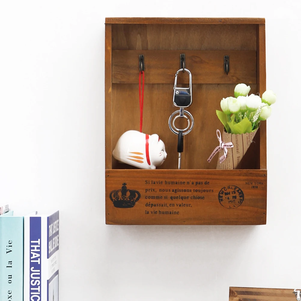 Retro Wall Mounted Wooden Box Organizer Key Hanging Hooks Mail Box Phone Storage Box Small Objects Shelf Hanging Basket