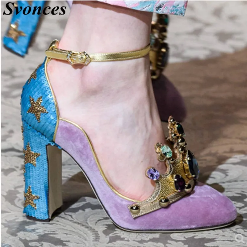 Zapatos De Mujer 2019 Purple Suede Jeweled Crown Women Pumps Chunky Heel Ankle Strap Dress Shoes Luxury Wedding Shoes Bridal_