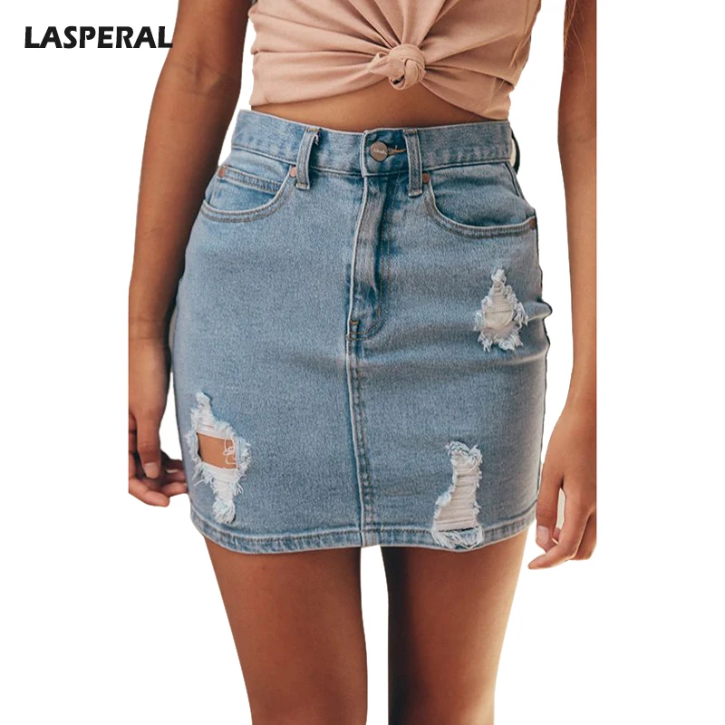 LASPERAL Sexy Hole Denim Skirt Women Fashion Short Pencil Skirts
