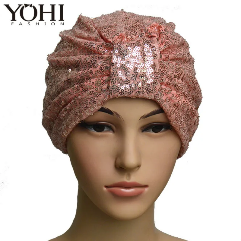 Новинка, Элегантный женский головной платок с блестками, шапки, головной убор, тюрбан, мягкий тюрбан с узлом, Шапка-бини, тюрбан для женщин - Цвет: Розовый