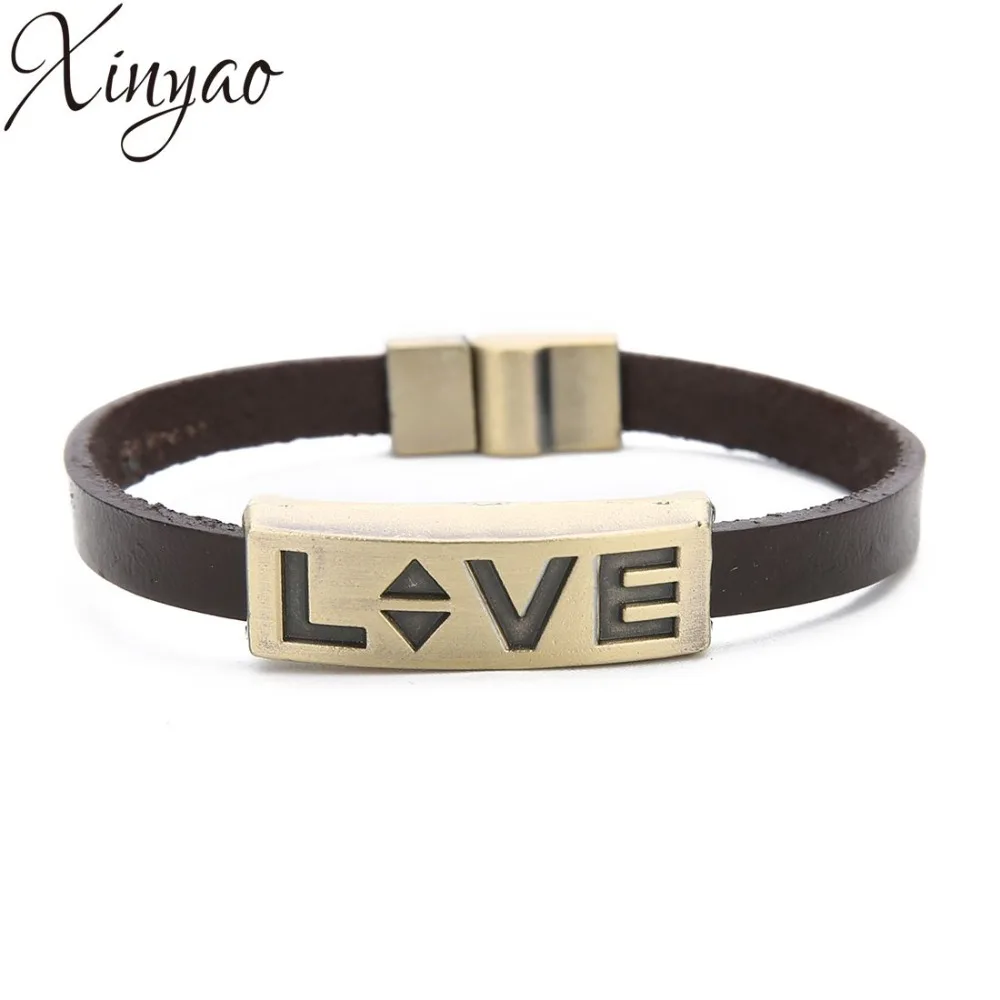 XINYAO 2019 Genuine Leather Bracelets Engraved Love Letter Retro Cuff Rope Bangles For Men Women Valentine's Day Gifts F16607 |