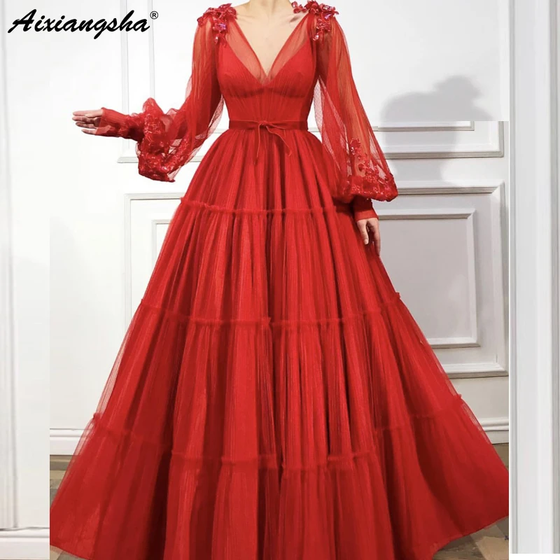 

Red Turkish Evening Dresses 2019 A-Line Long Sleeves V-Neck Tulle Islamic Dubai Saudi Arabic Long Evening Gown Prom Dress abiye
