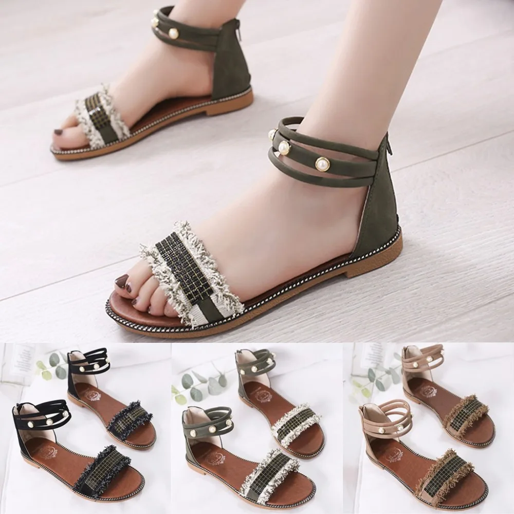 

Women Summer Casual Open Toe Round Head Flat Sandals Student Pearl Zipper Shoes gladiator sandals women casual summer sandals
