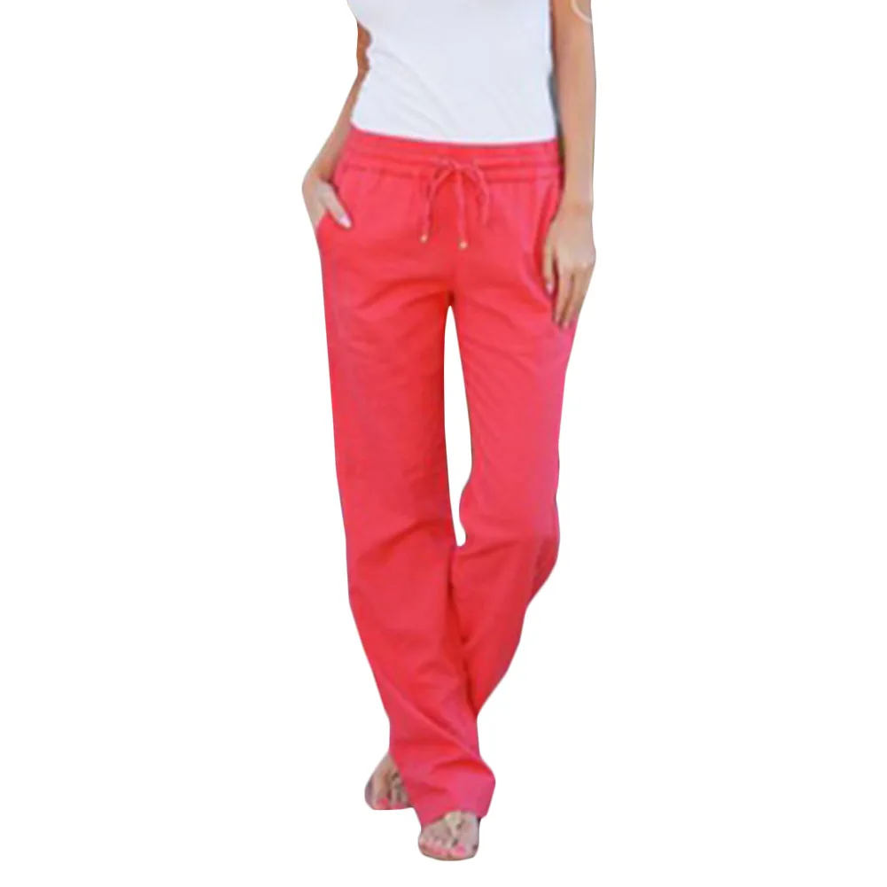 Fashion Linen Elastic Waist Pants All Match Loose Candy Colored Women's Casual Pants Trousers-in 