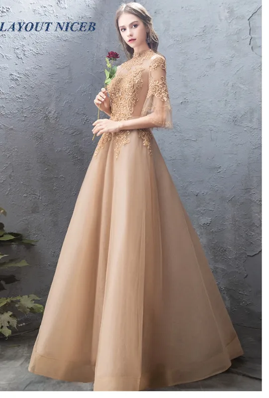 

Champagne Robe De Soiree 2019 Lace Evening Dress with Half Sleeve High Neck Women Formal Party Dress