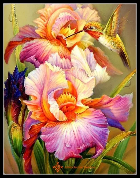 Iris and Hummingbird 1 - Counted Cross Stitch Kits DIY Handmade Needlework For Embroidery 14 ct Sets DMC Color | Дом и сад