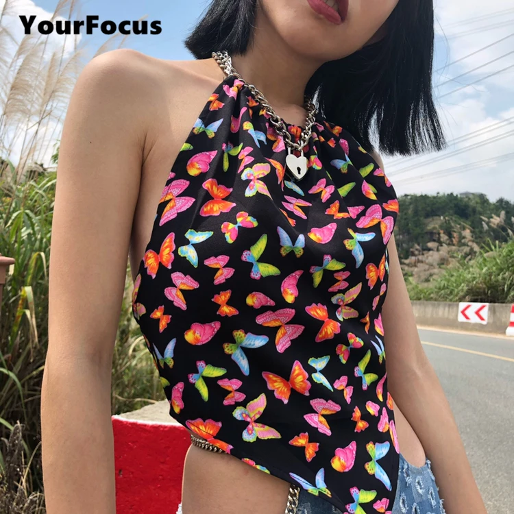 

Summer sexy harajuku cute girl vintage multicolored butterfly cropped short halter straps backless camis women crop tops