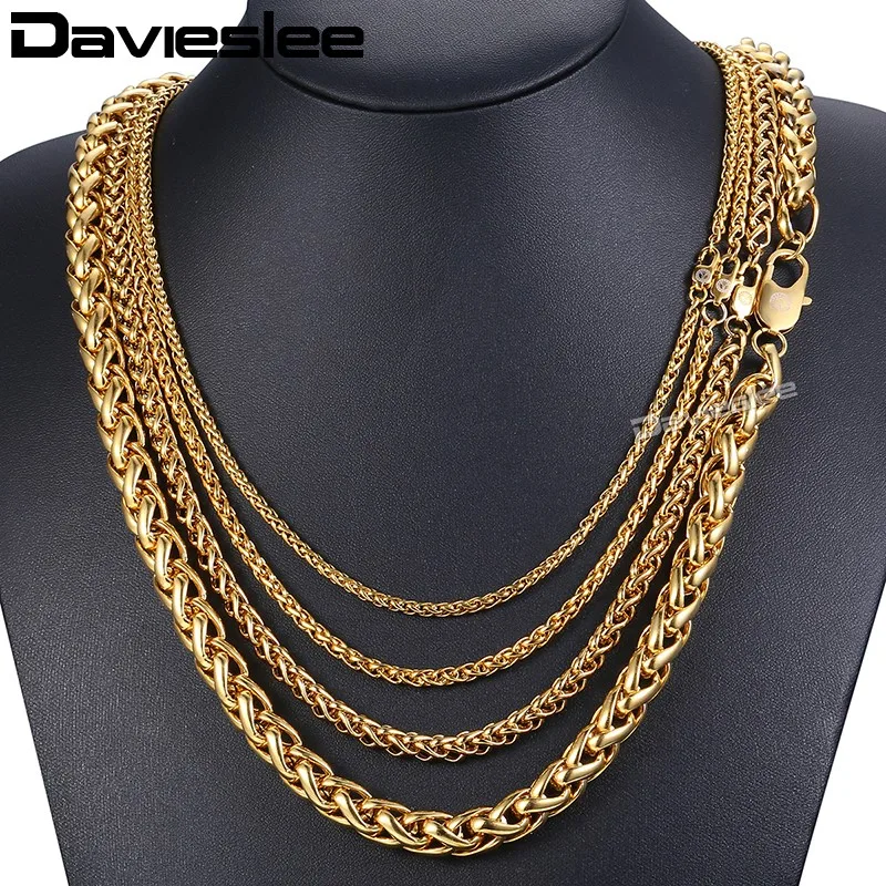 Davieslee Necklace for Men Chain Braided Wheat Link Stainless Steel