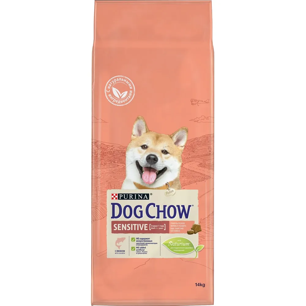 Dog Chow Adult Sensitive для взрослых собак всех пород c чувствительным пищеварением, Лосось, 14 кг