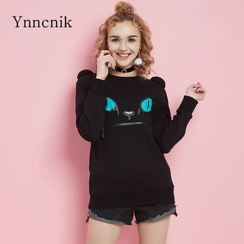 

Ynncnik Women's Sweet Hoodies Smile Cat Printed Zipper BF Loose Sweatshirt O-neck Spring Fall Tracksuit Lovely Pullovers S1009