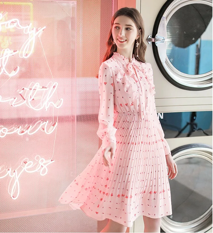 

Obrix Sweet Tender Light Soft Chiffon Streetwear Dress Ruffled Neckline Knee Length Full Sleeve Summer Pleated Dress For Date