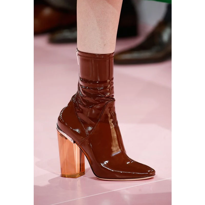 

Vintage Square Toe Women Chelsea Boots Patent Leather 9cm Square High Heels Botines Mujer Pink Short Booties Ladies Sneaker Boot