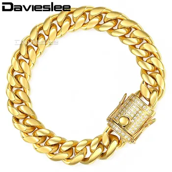 

Davieslee Mens Bracelet Chain Miami Curb 316L Stainless Steel Iced Out Cubic Zirconia CZ Gold Silver Color 12/14mm 9inch LHBM113