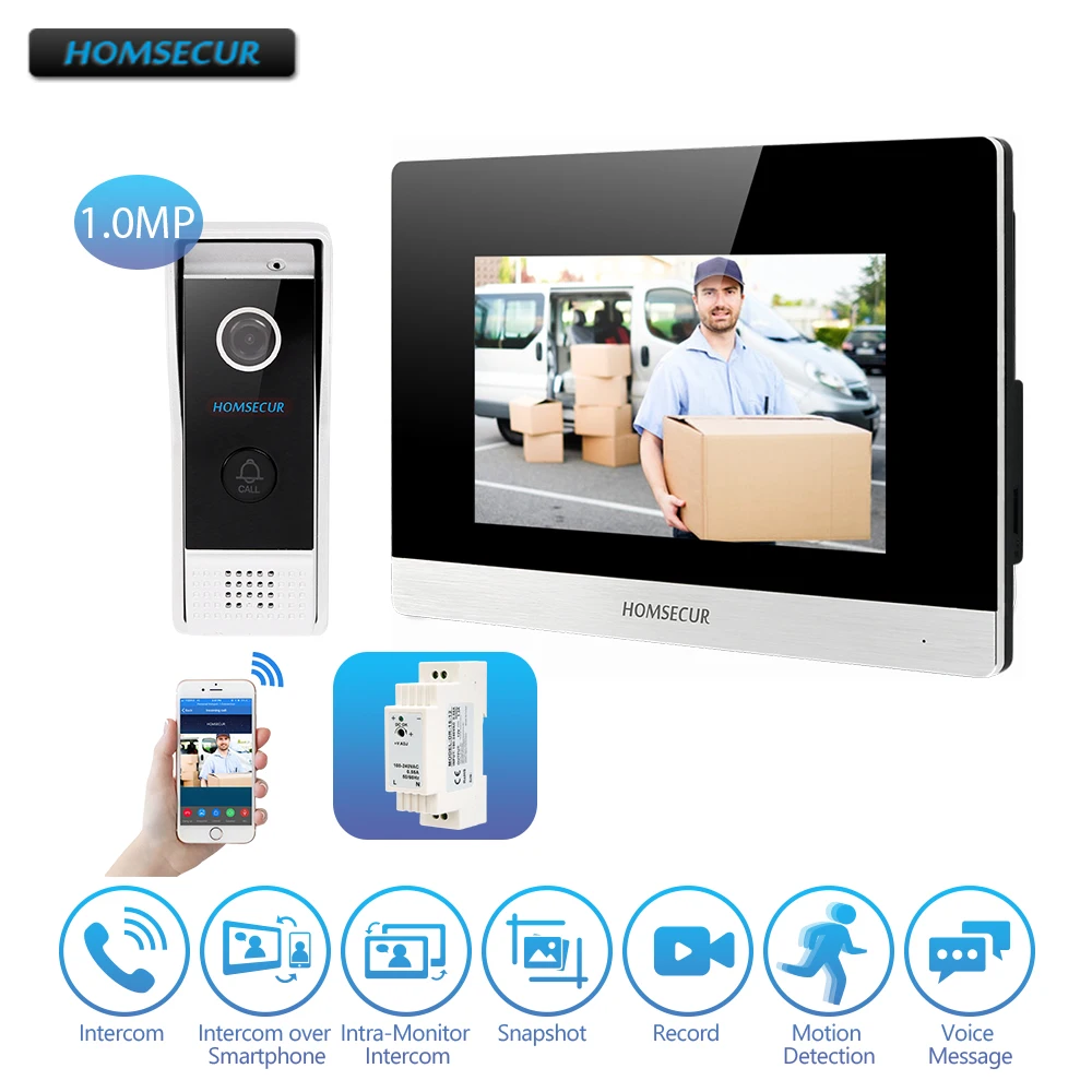 HOMSECUR 7\ iOS/Android Wired IPRJ-45 Video&Audio Smart Doorbell 1.0MP with Touch Screen Monitor for House/ Flat