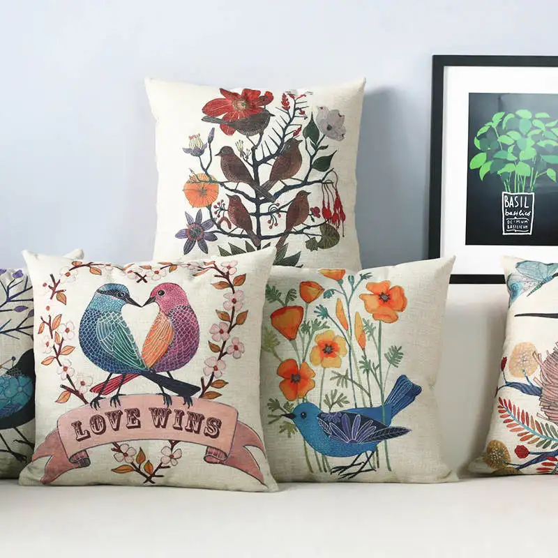 

18 inch Nordic Style Vintage Bird Flowers Pattern Print Cotton Linen Pillow Cover Home Decorative Pillows Cover