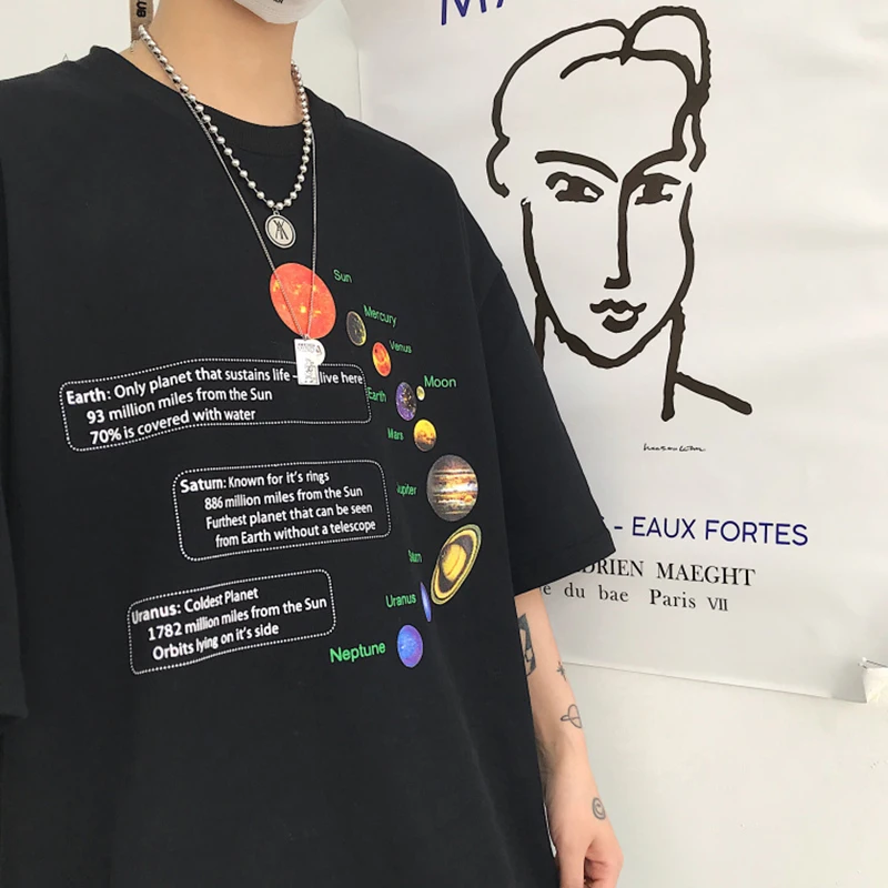 Новинка 2019 летняя свободная черная футболка Ulzzang Harajuku в Корейском стиле с принтом