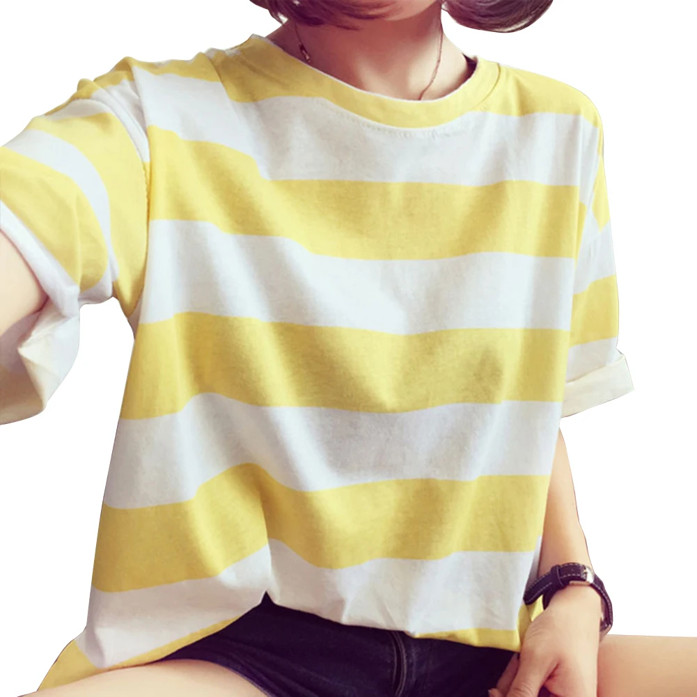 

Women Casual Short Sleeve Crew Neck T Shirt Pullover Loose Stripe Tops Outfit