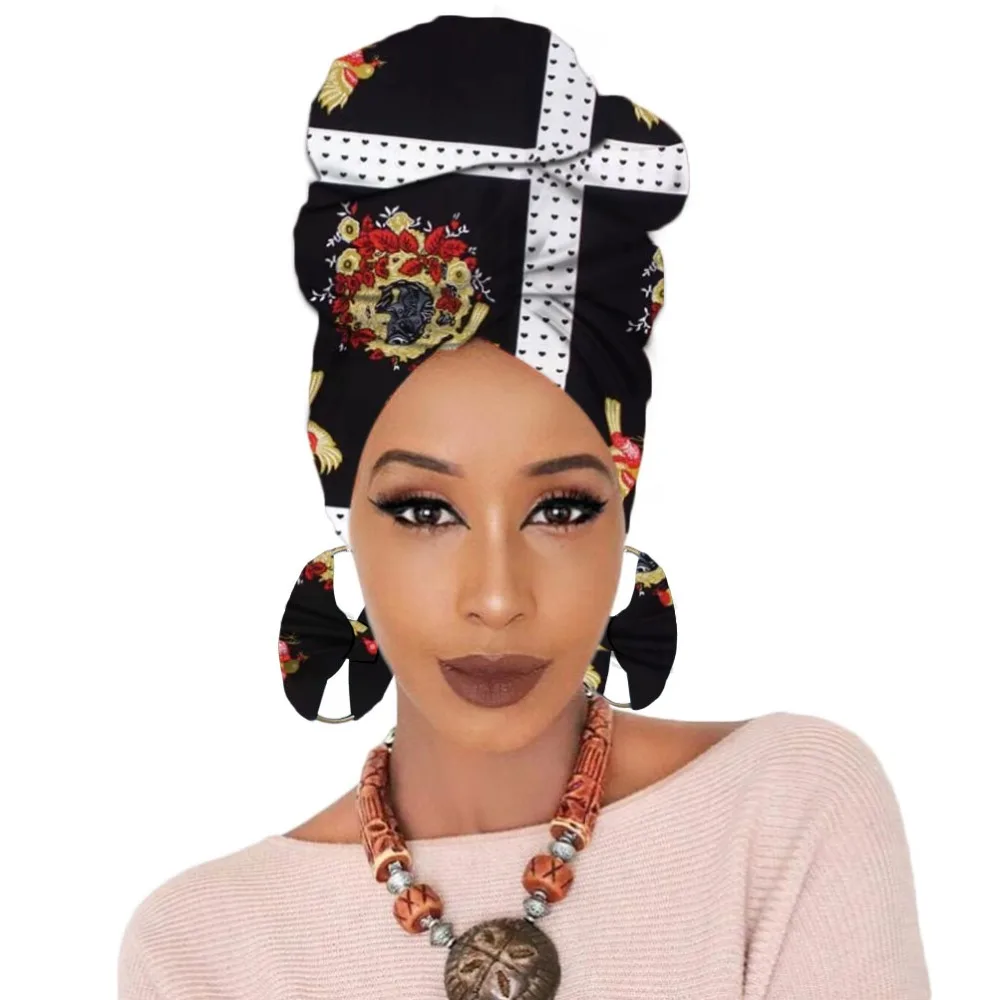 Print turban traditional African headscarf women headtie with earring (14)