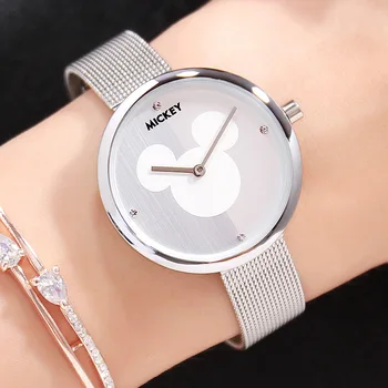 

Disney mickey mouse watch women's stainless steel leather casual clock woman silver black rose gold waterproof quartz wristwatch