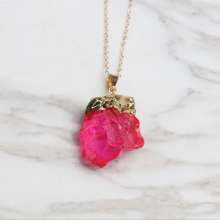WarBLade Радуга натуральный камень кристалл кулон ожерелье Красочный необычный кварцевый камень ожерелье s Модные ювелирные изделия для женщин подарок - Окраска металла: rose Red