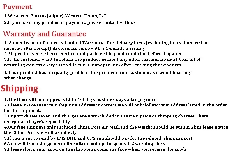 payment items shipment, warranty