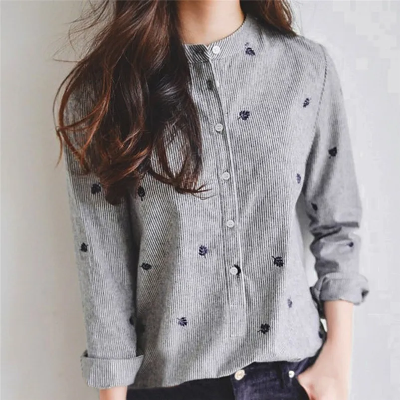Fashion womens tops and blouses summer Autumn 2018 Linen Striped Stand Collar Embroidery Long Sleeve Shirt camicette Y30#N  (2)