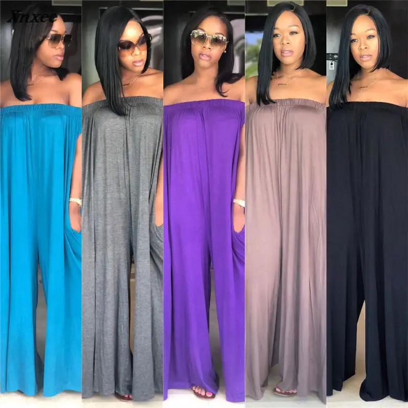 2018 Women Sexy Summer Off The Shoulder Loose Pockets Jumpsuit Playsuit Wide Leg Rompers Long Pants Trousers Xnxee Jumpsuits and Playsuits