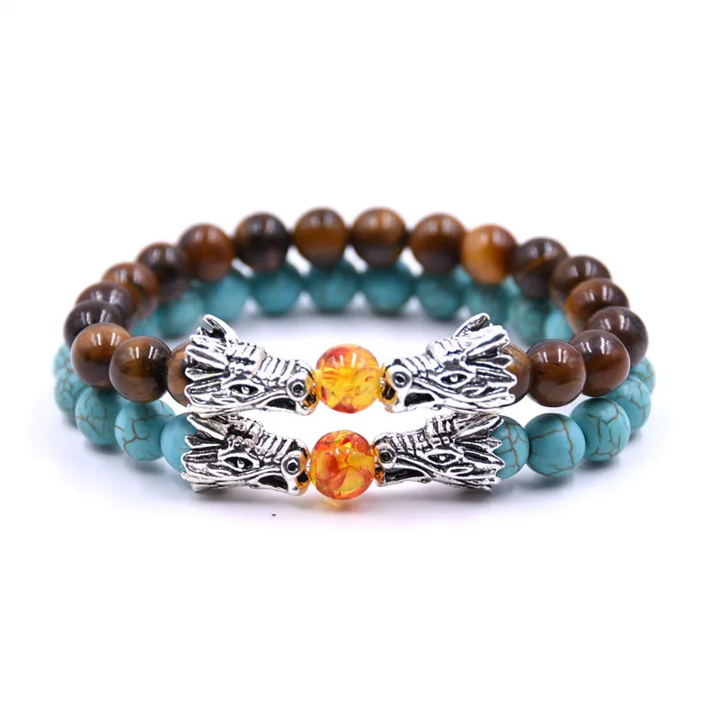 

TANGYIN Tiger Eye Natural Stone Bead Bracelet Men Jewelry Bracelets For Women Pulseiras Double Alloy Dragon Charm Beads Bracelet
