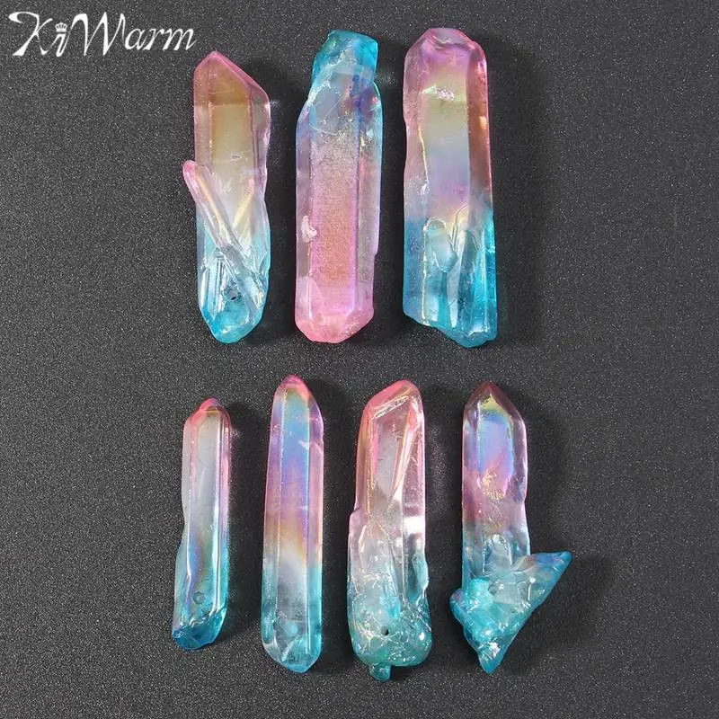 

KiWarm Newest 7pcs Pink Blue Titanium Natural Quartz Crystal Points Pendant Bead Strand Necklace Pendants DIY Crafts 28-45mm