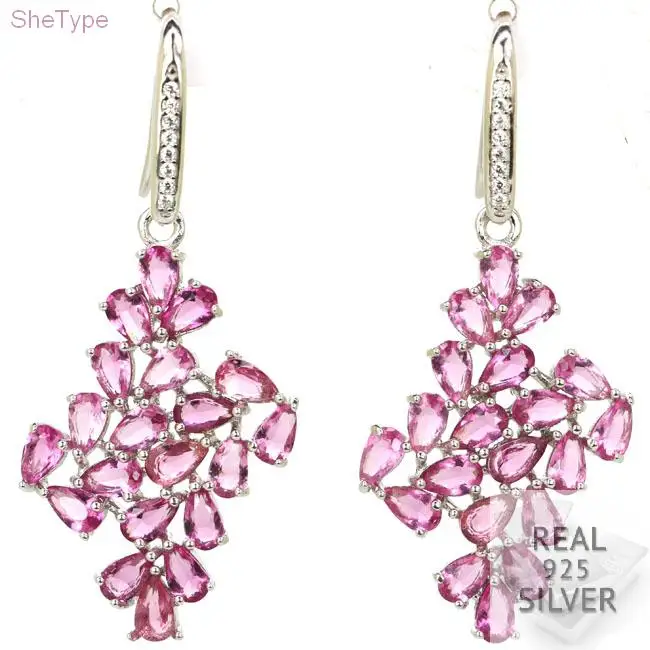 

Real 6.8g 925 Solid Sterling Silver Big Size Pink Tourmaline White CZ Earrings 47x20mm