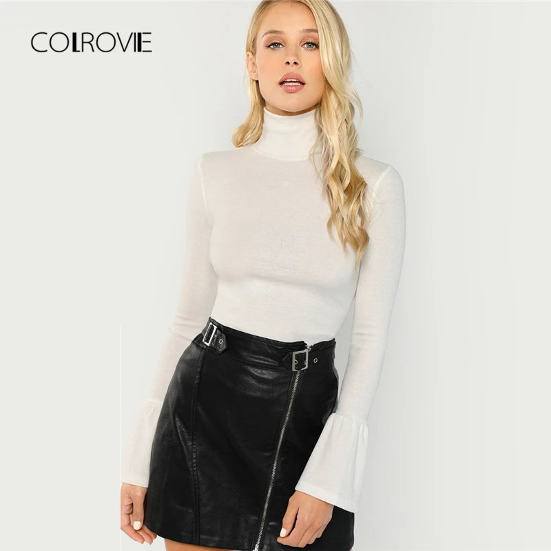 COLROVIE элегантная однотонная белая футболка с оборками и высоким воротником