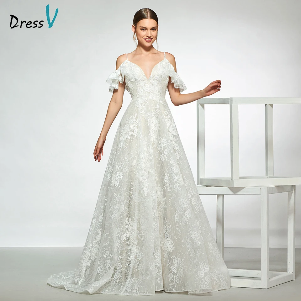 

Dressv elegant spaghetti straps sleeveless lace wedding dress a line backless floor length simple bridal gowns wedding dress