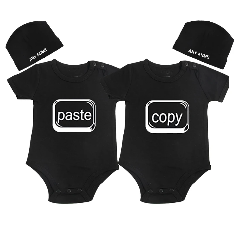 

Cubutomind Twin Clothes for Boys Girls Copy and Paste Twin Bodysuits with Custom Cap Summer Funny Twin Clothing Baby Shower Gift