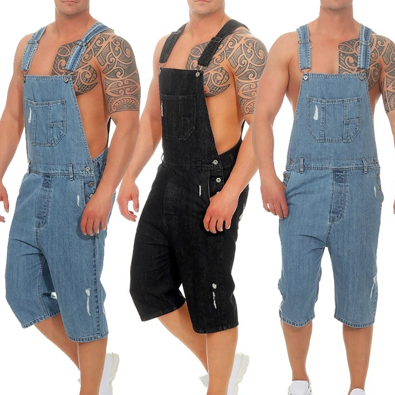 

Ripped Jeans for Men 2019 New Fashion Jumpsuits Shorts Summer Distressed Denim Bib Pants Overalls For Man Suspender Clothes