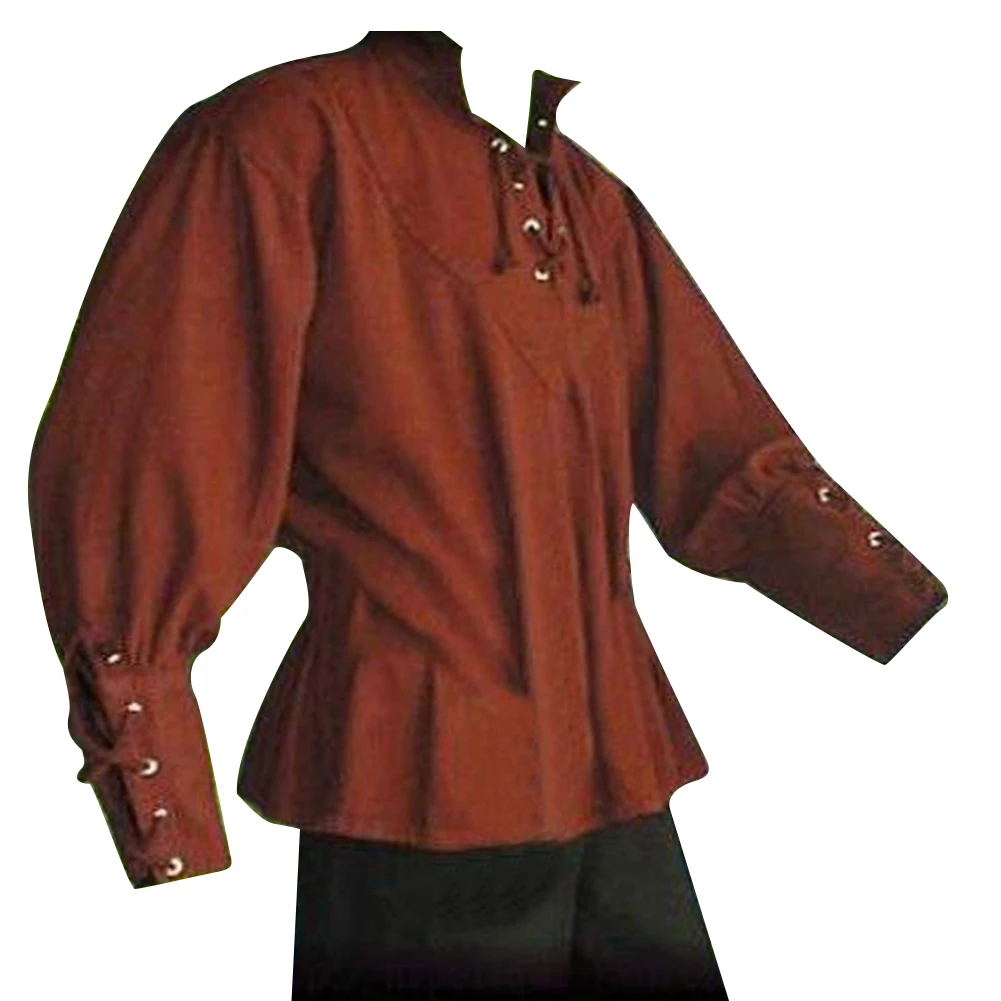 Meilleur Médiévale Hommes Chemise Solide Couleur Bandage Stand up Col Chevalier Top Sans Ceinture