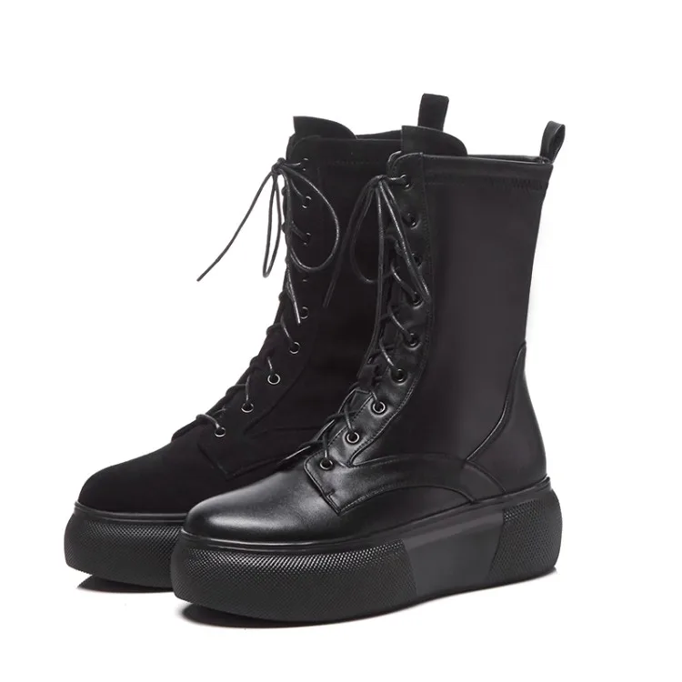 Frauen kalb 1 black Kuh Plüsch Leder Pelz Mid 2 Up Lace Mljuese Winter Warme Martin Plattform Stiefel 2019 Short Black 5w4UtA