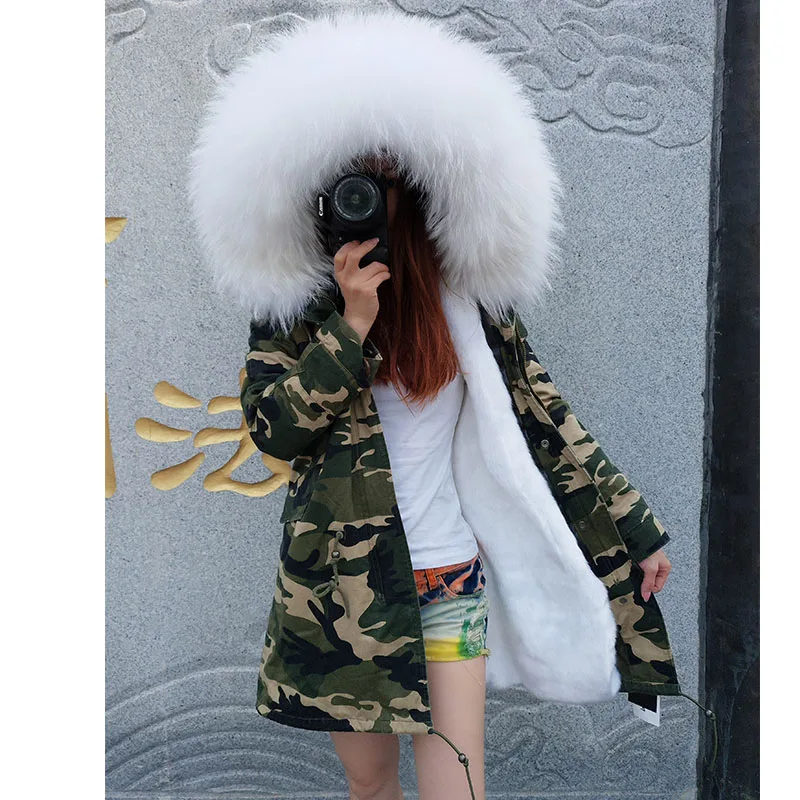 Новая женская мода Зимнее меховое пальто Камуфляж Короткий длинный искусственный Мех Подклад из натурального меха енота воротник из натурального меха