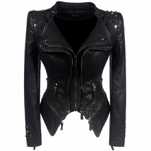 Women PU Jackets Casual Gothic Punk OL Ladies Plus Size Slim Lapel Zipper Rivet Pockets Spring 2019 Female Fashion Black Coats 