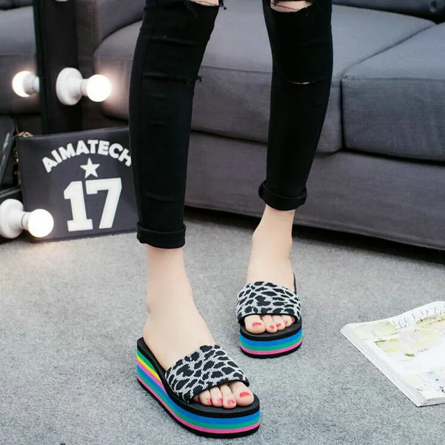 2018 new Summer Woman Shoes Platform bath slippers Wedge Beach Flip Flops High Heel Leopard Rainbow sole Indoor Slippers QA-31