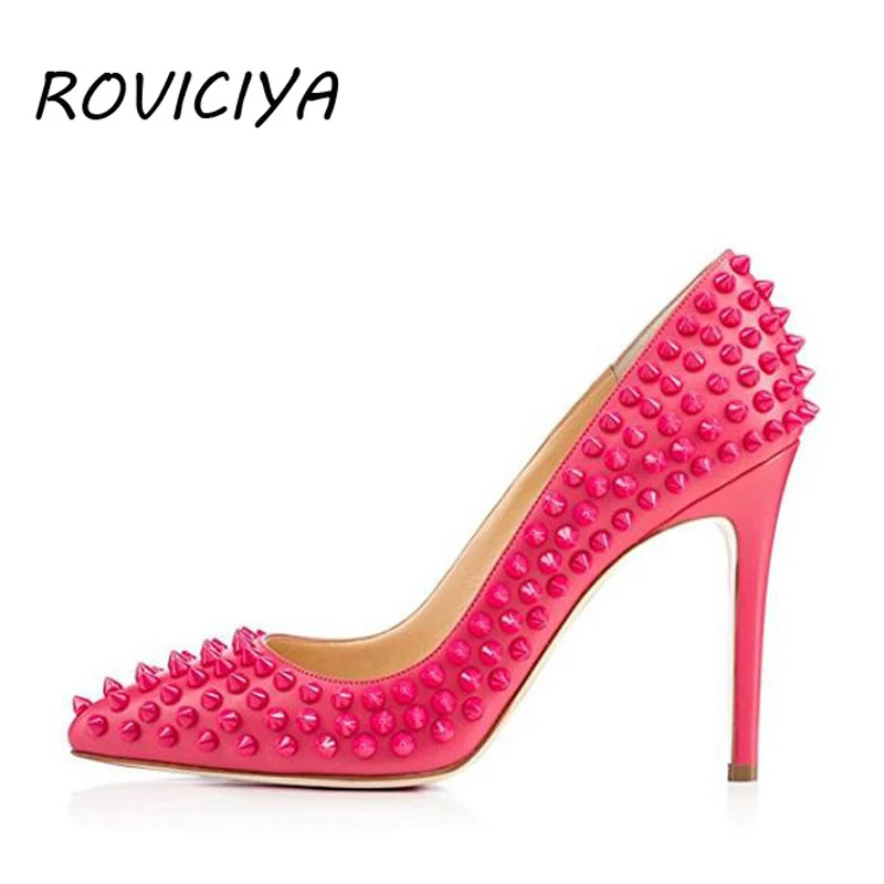 

Rose red pumps women shoes rivets female party shoes bride ladies shoes high heel plus size 8-12 cm 33-45 MD020 ROVICIYA