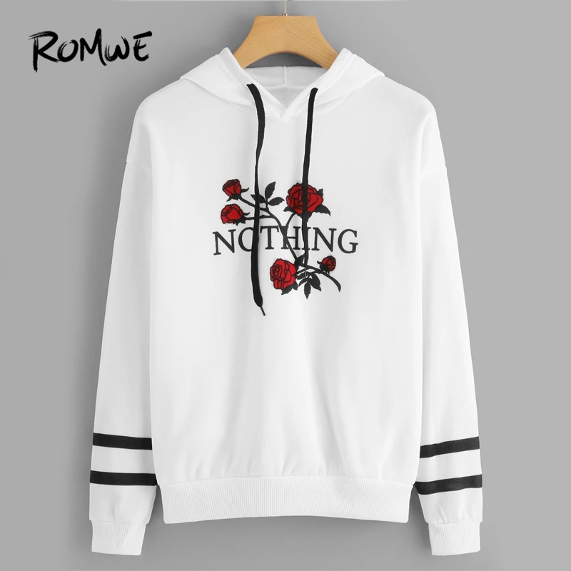 ROMWE Beige Floral Print Striped Hoodie Sweatshirt Women