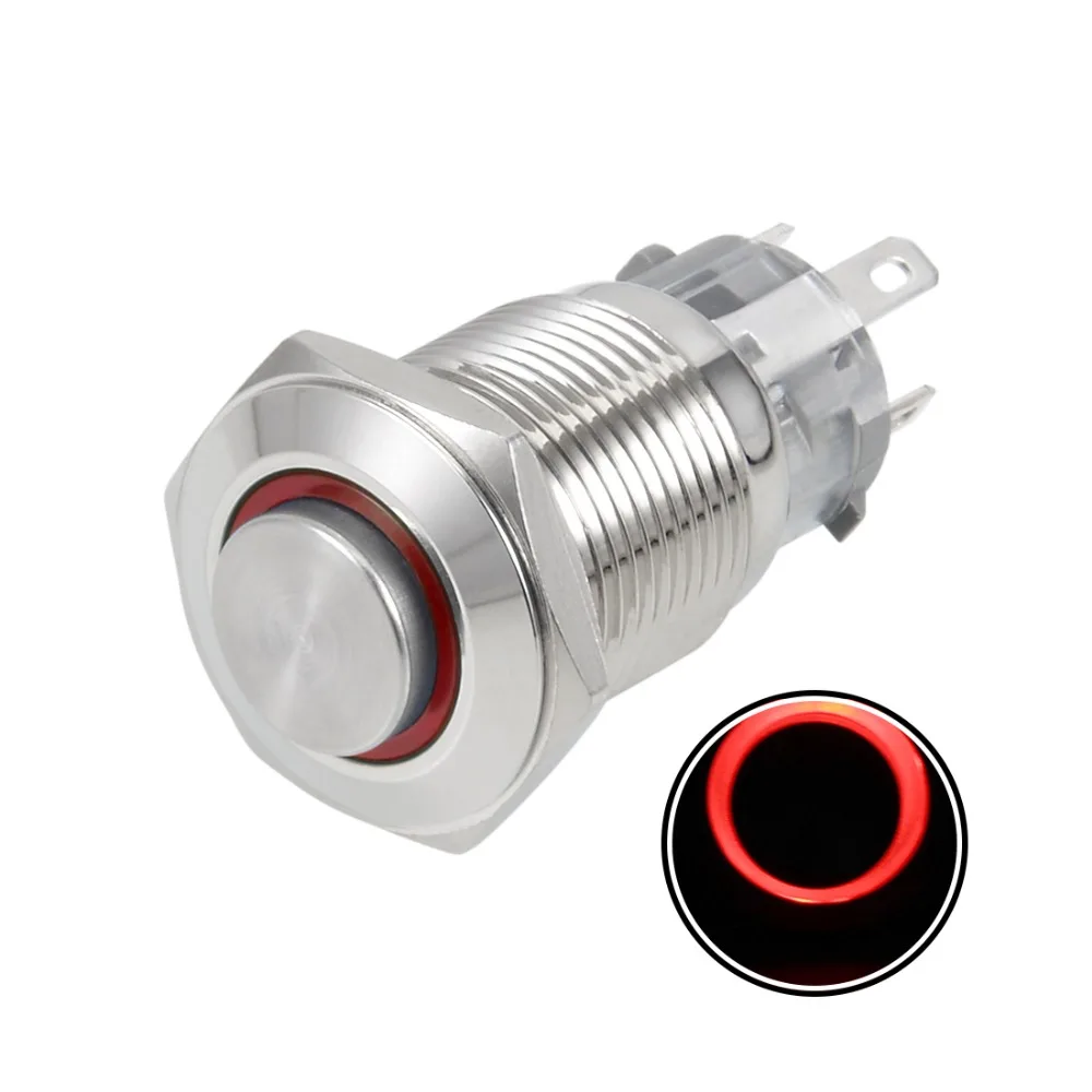 

UXCELL Momentary Metal Push Button Switch 16mm Mounting Dia 1NO 1NC 12V Red LED Light High Flat Switch Accessories Supplies