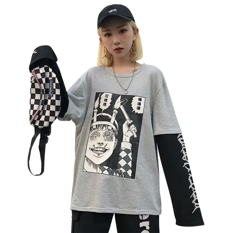 

Junji Ito Fake 2 Pieces T Shirt O Neck Long Sleeve Women T-shirt Spring Autumn Casual Loose Female Tee Top Streetwear