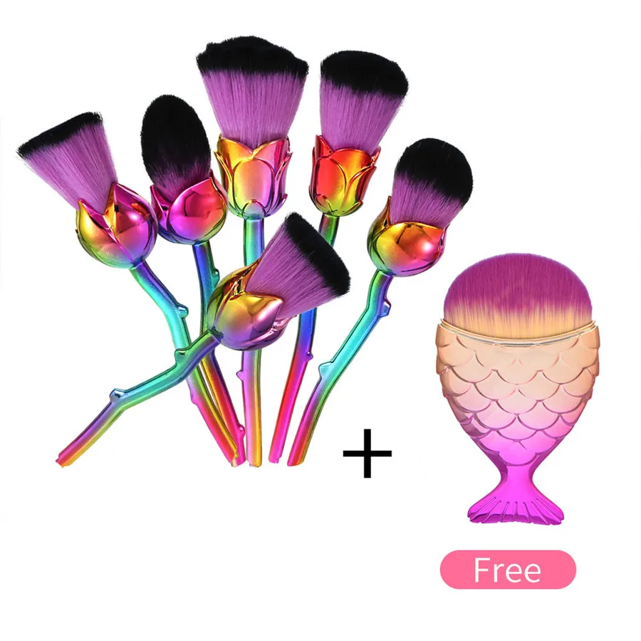 GUJHUI 6 шт. Металлические кисти для макияжа Набор роза цветок основа пудра Контур база макияж кисти с бесплатным жира рыбы кисти Косметика - Handle Color: Type 3