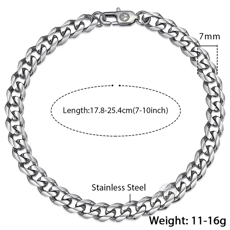 Нержавеющая сталь полированный браслет для Для мужчин звеньевая цепочка с крупными звеньями кубинской Для мужчин браслет черный, серебристый цвет золота ювелирные изделия 3/5/7/9/11 мм DKBM158 - Окраска металла: 7mm Silver