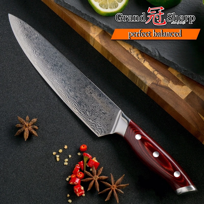 Kaufen GRANDSHARP 67 Schichten Japanischen Damaskus Messer Damaskus Kochmesser 8 Zoll VG 10 Klinge Damaskus Küchenmesser Pakka Griff PRO NEUE