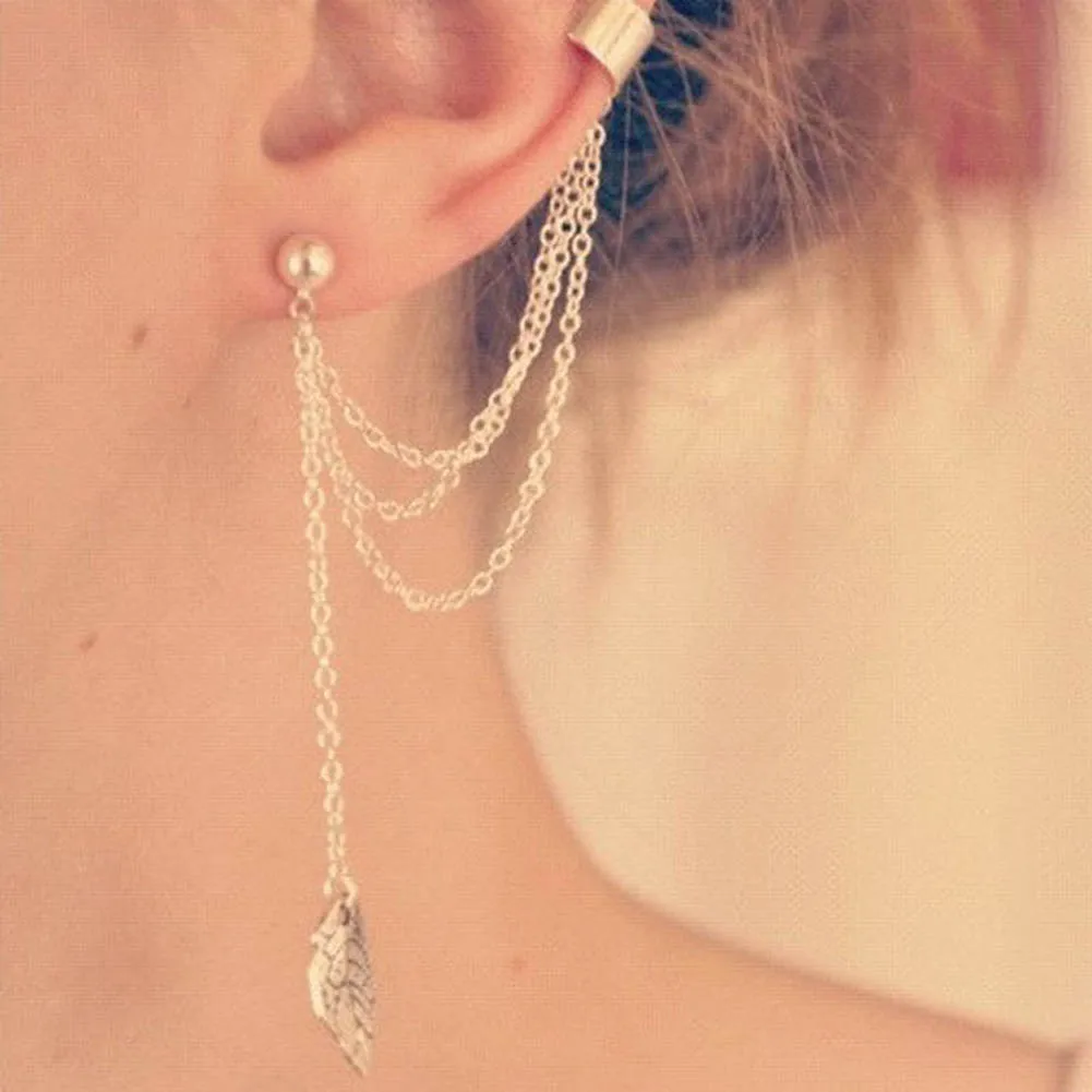 

1 Pc 2017 New Fashion Personality Gold And Silver Plated Leaf Tassel Earrings Pendentes Ear Cuff Women