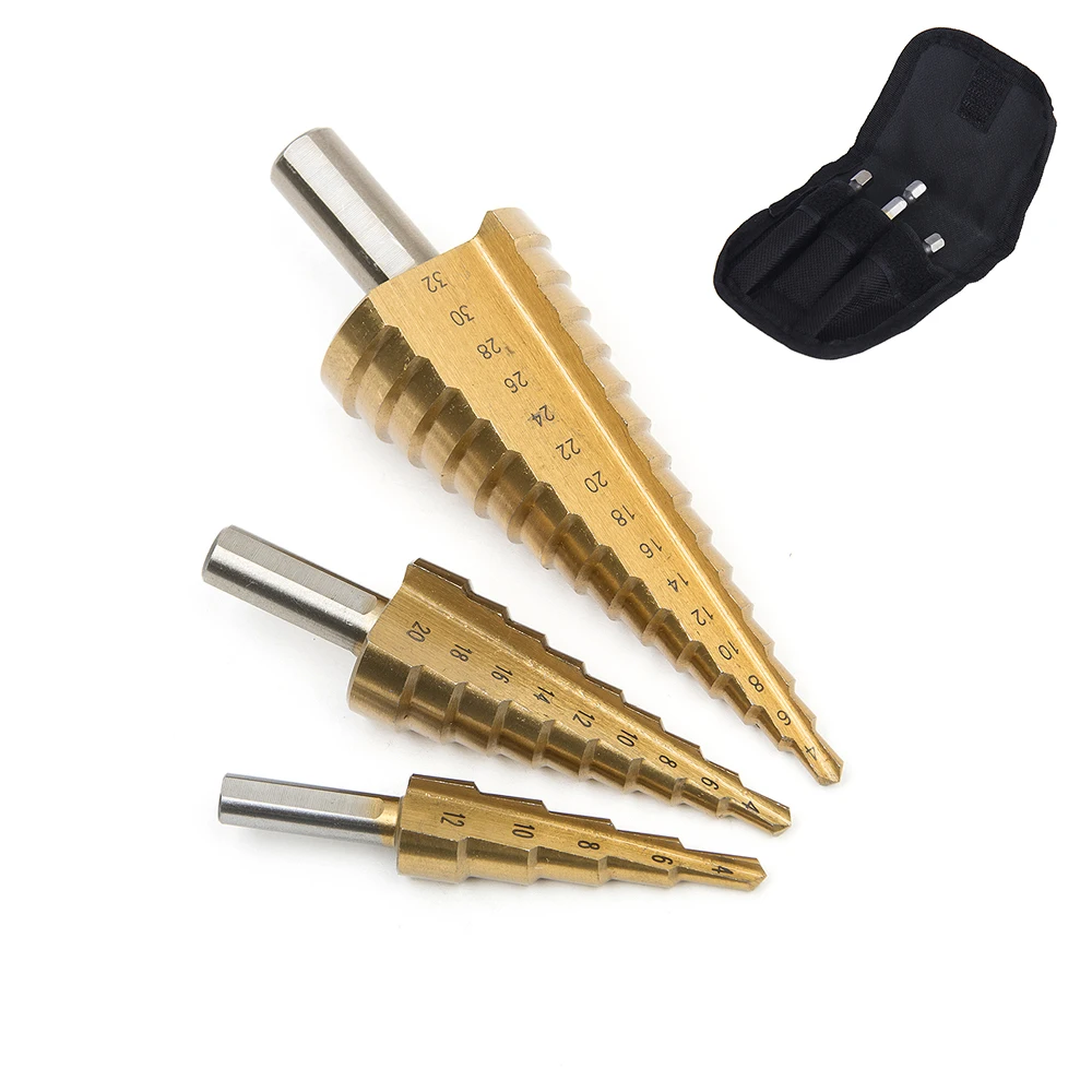 

3pcs Straight Flute Drill Bit Triangular Handle Pagoda Shape Hole Cutter 4-12/20/32mm HSS Steel Step Core Drill Sharp Drilling