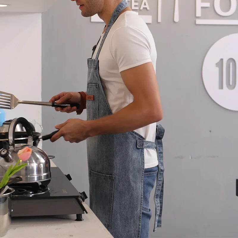 WEEYI Vintage Blue Kitchen Denim Aprons For Men Women Unisex Homewear Workwear Apron For Cooking Chef Barista Bartender delantal